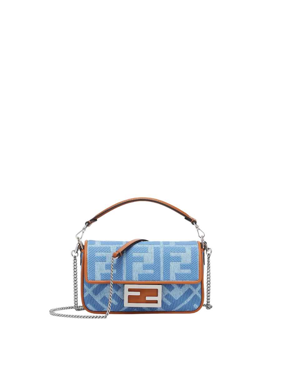 Fendi Baguette Mini Light Blue Denim Bag with FF Embroidery