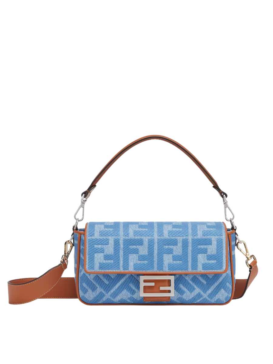 Fendi Baguette Light Blue Denim Bag with FF Embroidery