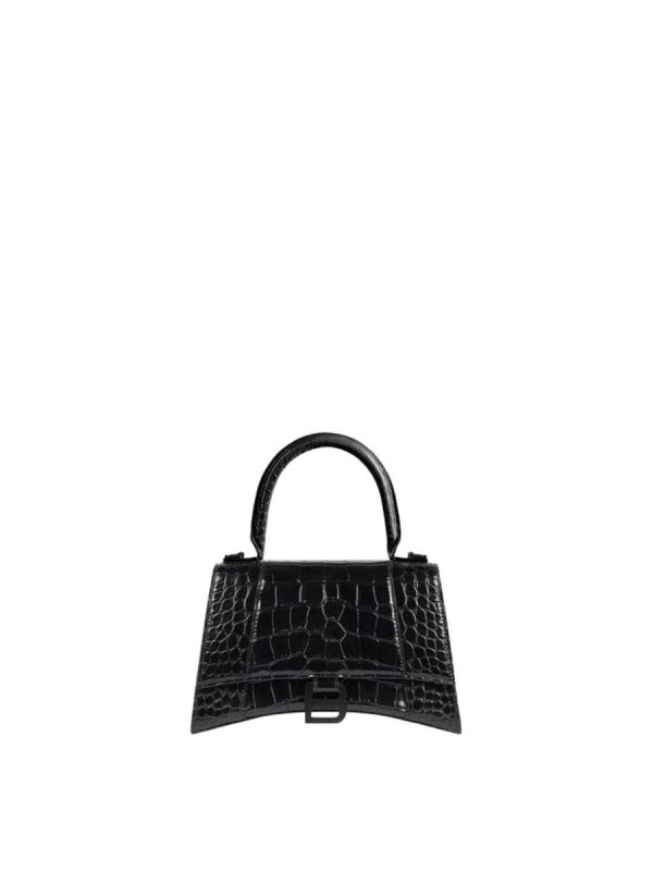 Balenciaga Women's Hourglass XS Handbag Crocodile Embossed in Black Matte B Hardware