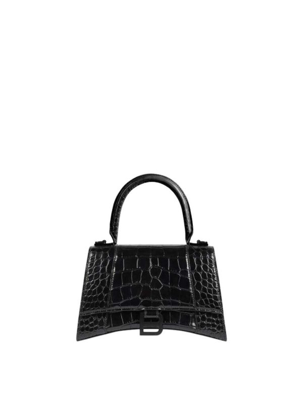 Balenciaga Women's Hourglass Small Handbag Crocodile Embossed in Black Matte B Hardware