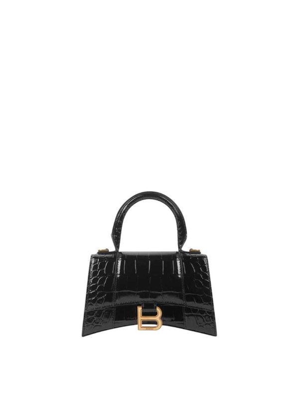 Balenciaga Women's Hourglass XS Handbag Crocodile Embossed in Black Gold B Hardware