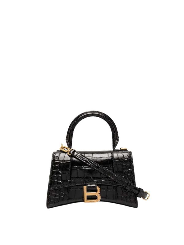 Balenciaga Women's Hourglass Small Handbag Crocodile Embossed in Black Gold B Hardware