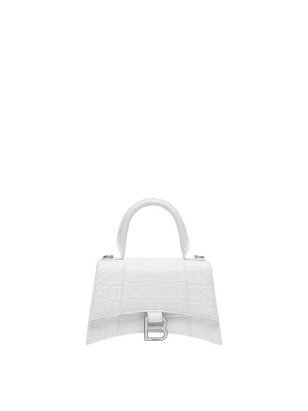 Balenciaga Women's Hourglass XS Handbag Crocodile Embossed in White Silver B Hardware