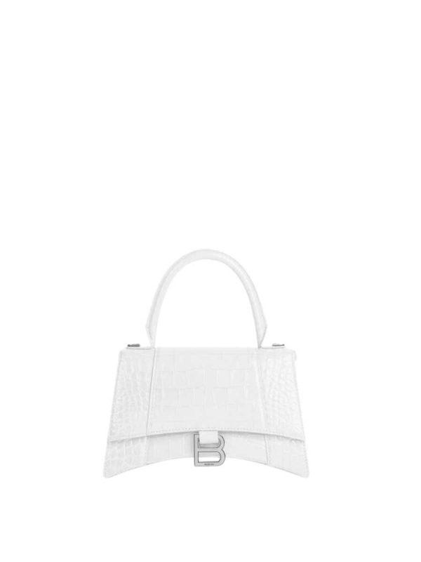 Balenciaga Women's Hourglass Small Handbag Crocodile Embossed in White Silver B Hardware