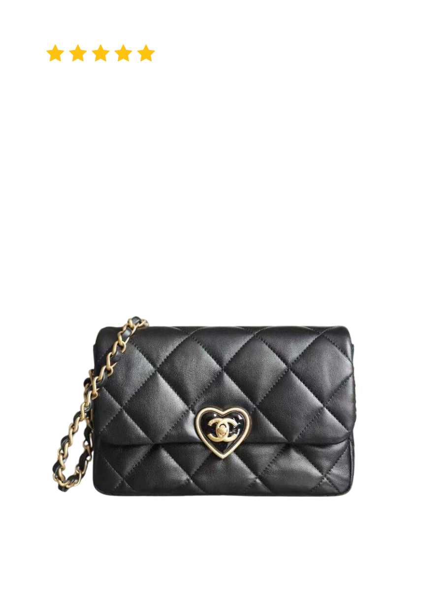 Chanel Lambskin Resin Quilted CC Heart Wallet On Chain Black [TOP TIER]