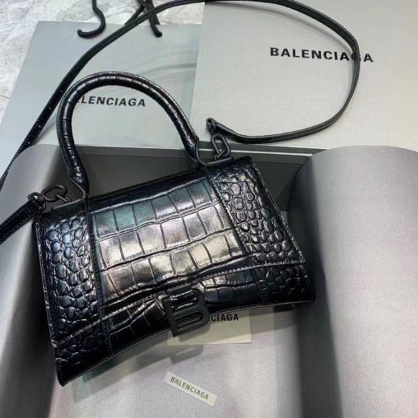 Balenciaga Women's Hourglass Small Handbag Crocodile Embossed in Black Matte B Hardware - Image 2