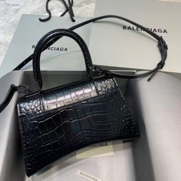 Balenciaga Women's Hourglass Small Handbag Crocodile Embossed in Black Matte B Hardware - Image 3