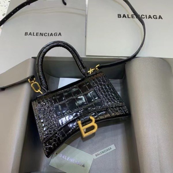 Balenciaga Women's Hourglass XS Handbag Crocodile Embossed in Black Gold B Hardware - Image 2