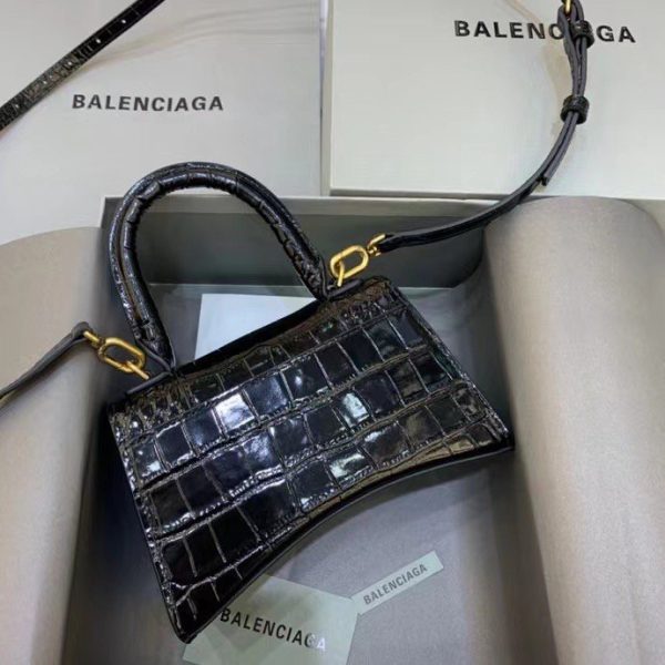 Balenciaga Women's Hourglass XS Handbag Crocodile Embossed in Black Gold B Hardware - Image 3