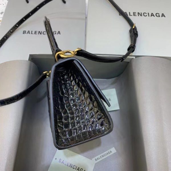 Balenciaga Women's Hourglass XS Handbag Crocodile Embossed in Black Gold B Hardware - Image 4