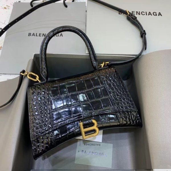 Balenciaga Women's Hourglass Small Handbag Crocodile Embossed in Black Gold B Hardware - Image 2