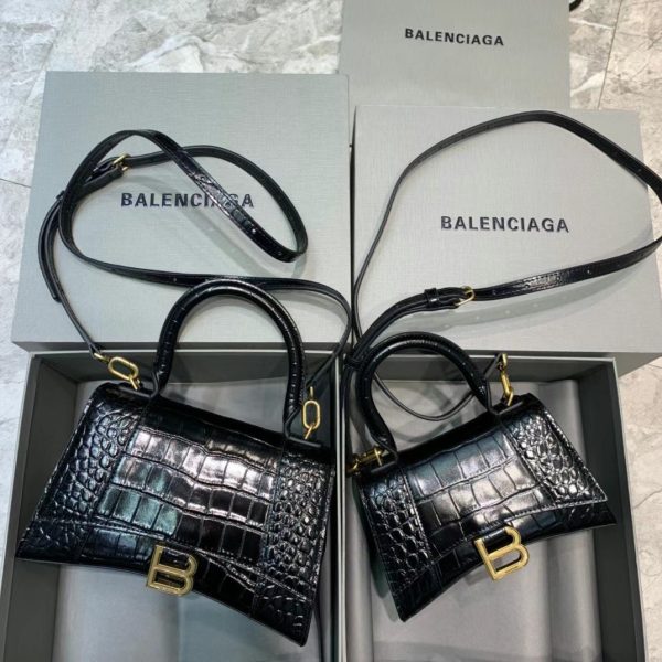 Balenciaga Women's Hourglass XS Handbag Crocodile Embossed in Black Gold B Hardware - Image 10