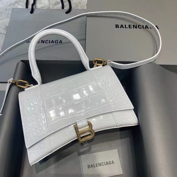 Balenciaga Women's Hourglass Small Handbag Crocodile Embossed in White Gold B Hardware - Image 2