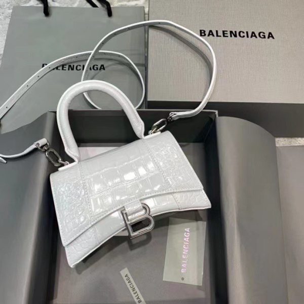 Balenciaga Women's Hourglass XS Handbag Crocodile Embossed in White Silver B Hardware - Image 2