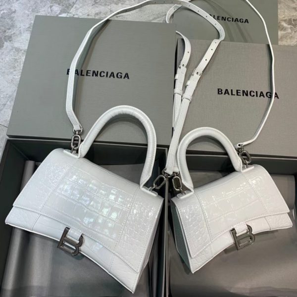 Balenciaga Women's Hourglass Small Handbag Crocodile Embossed in White Silver B Hardware - Image 10