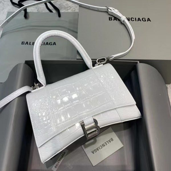 Balenciaga Women's Hourglass Small Handbag Crocodile Embossed in White Silver B Hardware - Image 2