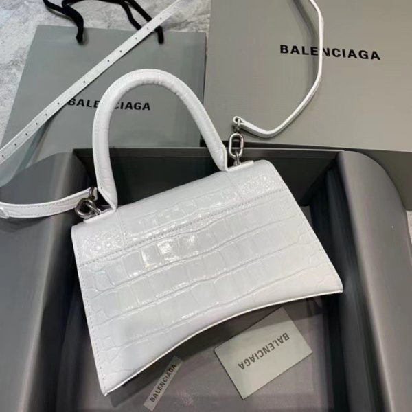 Balenciaga Women's Hourglass Small Handbag Crocodile Embossed in White Silver B Hardware - Image 3