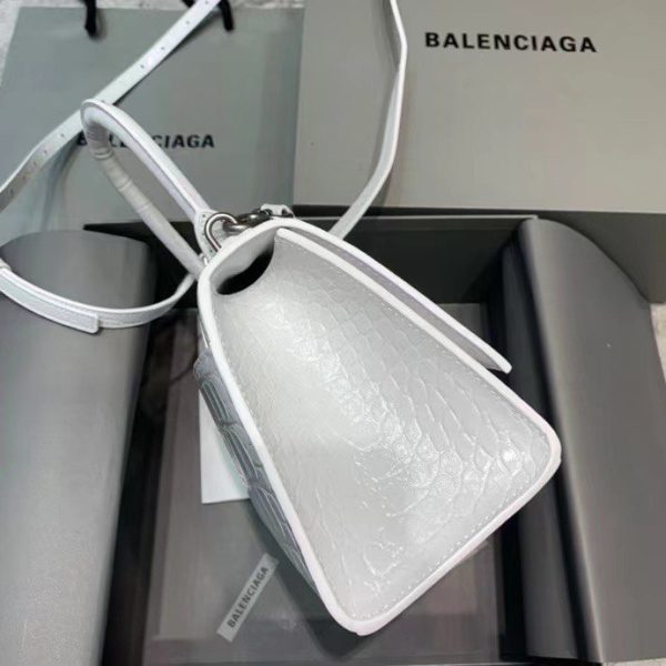 Balenciaga Women's Hourglass Small Handbag Crocodile Embossed in White Silver B Hardware - Image 4