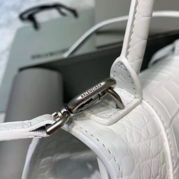 Balenciaga Women's Hourglass Small Handbag Crocodile Embossed in White Silver B Hardware - Image 7