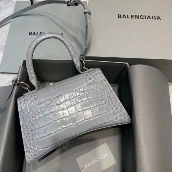 Balenciaga Women's Hourglass Small Handbag Crocodile Embossed in Gray - Image 3