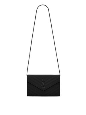 YSL Cassandre Matelassé Chain Wallet in Grain de Poudre Embossed Leather Black (Black)