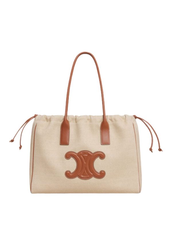 Celine Cabas Drawstring Cuir Triomphe In Textile and Calfskin Natural Tan