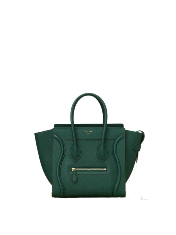 Celine Micro Luggage Handbag in Drummed Calfskin Dark Green