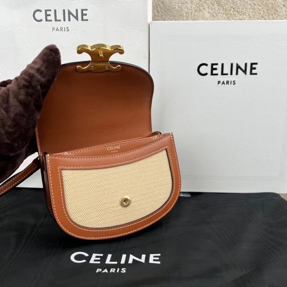 Celine Mini Besace Triomphe in Textile and Calfskin Natural / Tan – GSM ...