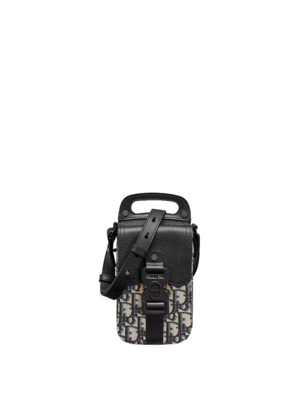 Dior Essentials Saddle Vertical Pouch with Strap in Beige and Black Dior Oblique Jacquard and Black Grained Calfskin