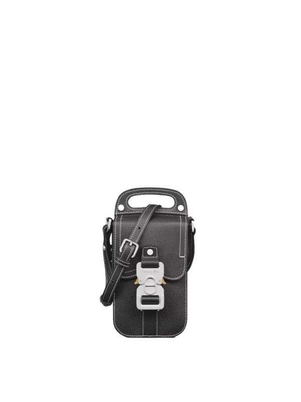 Dior Essentials Saddle Vertical Pouch with Strap in Black Grained Calfskin