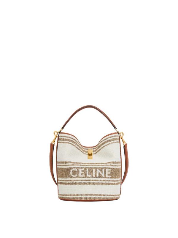 Celine Bucket 16 Bag in Stripped Textile with Celine Jacquard and Calfskin Tobacco/ Tan