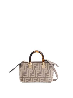 Fendi Mini By The Way Boston FF Pattern in Dove Grey/Beige Tapestry Fabric