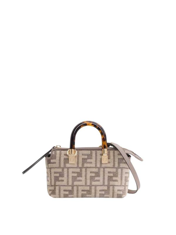 Fendi Mini By The Way Boston FF Pattern in Dove Grey/Beige Tapestry Fabric