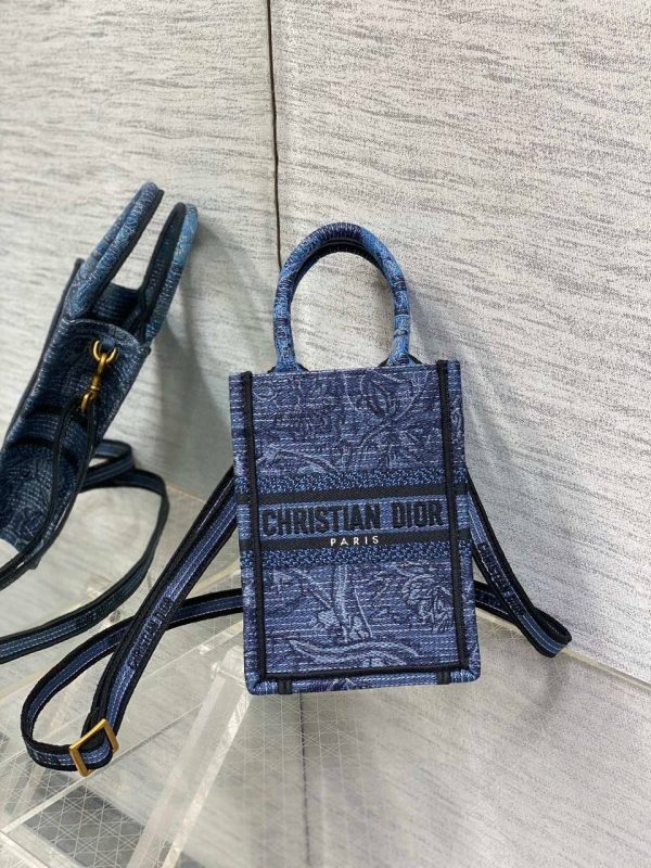 Dior Mini Dior Book Tote Phone Bag in Denim Blue Albero della Vita Embroidery - Image 2