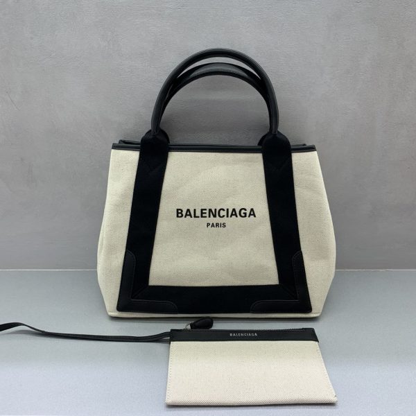 Balenciaga Women's Navy Small Cabas in Off White Cotton Canvas and Black Calfskin - Image 2