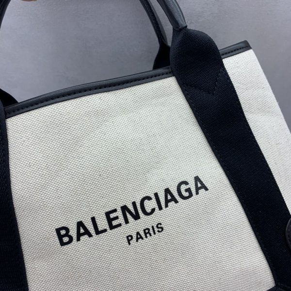 Balenciaga Women's Navy Small Cabas in Off White Cotton Canvas and Black Calfskin - Image 5