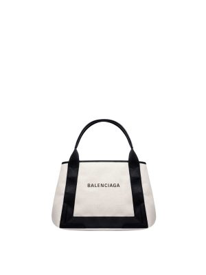 Balenciaga Women's Navy Small Cabas in Off White Cotton Canvas and Black Calfskin